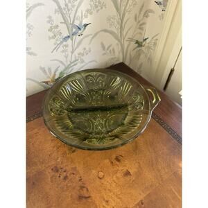 Vintage Indiana Glass Killarney Avocado Green Divided Relish Dish Single Handle